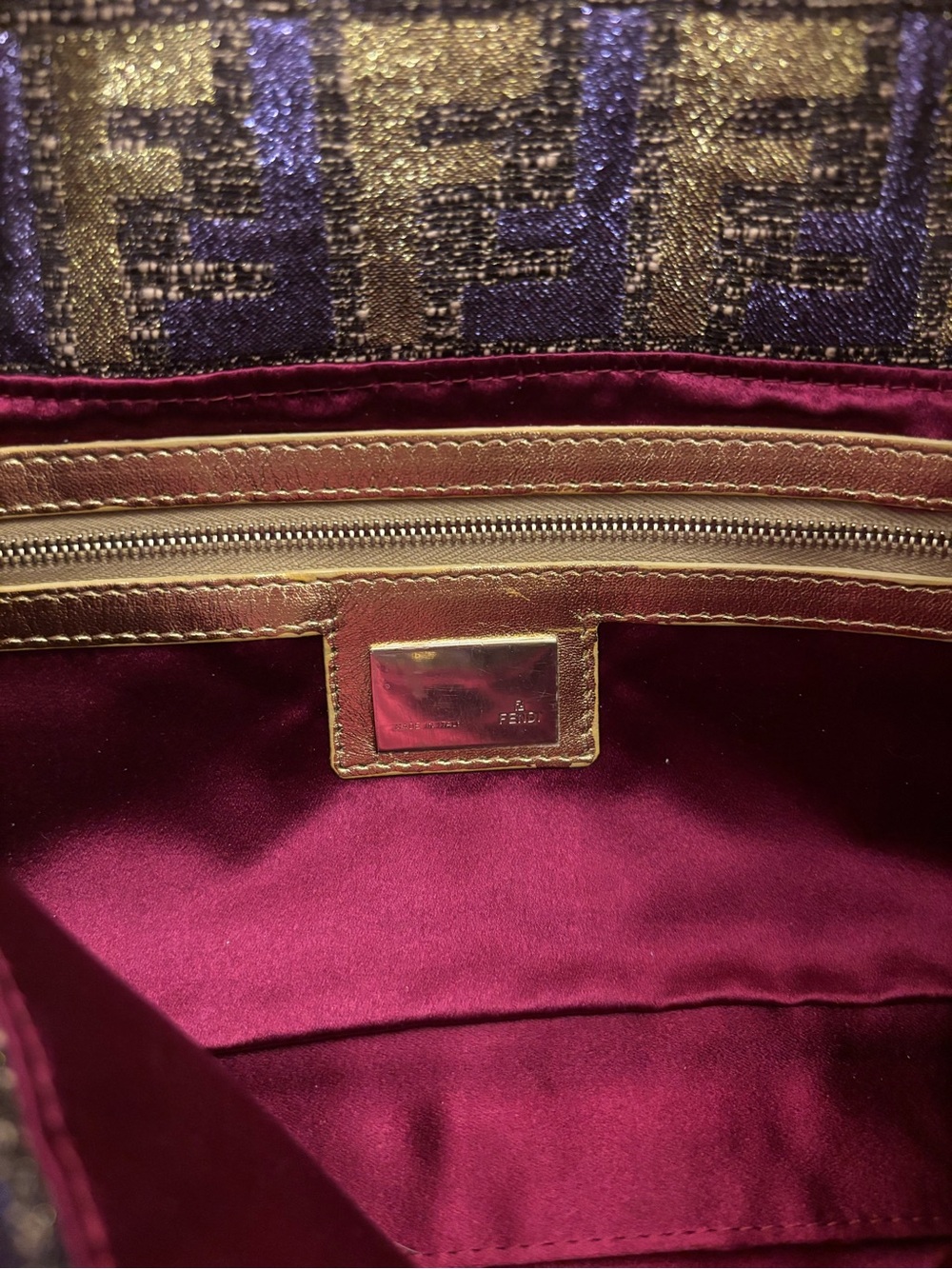 Authentic Fendi Purple and Gold FF Baguette Shoulder Bag with crystal buckle - Picture 8 of 9